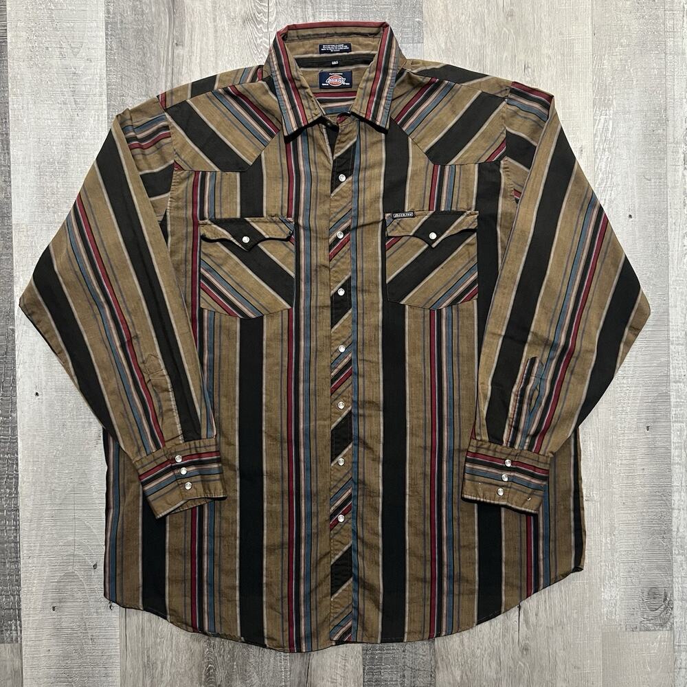 VTG Dickies Western Pearl Snap Striped Brown/Red Cowboy Rockabilly Men's 2XLT